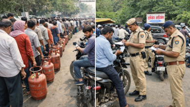 भारत गैस संकट 2026 में LPG सिलेंडर के लिए लंबी कतार में खड़े लोग